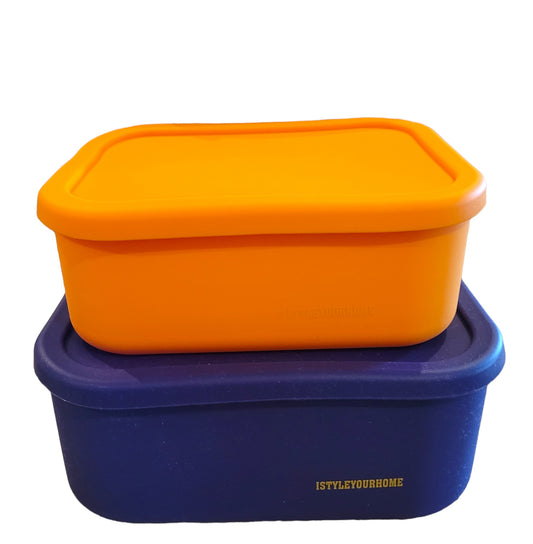Boîtes de conservation des aliments BENTO en silicone avec couvercles - Lot de 2 multicolores dans un sac en toile (violet-XL/moutarde-L)